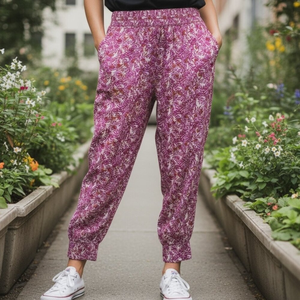 Anthropologie Smocked Abstract Print Pink‎ Jogger Pants Boho Beach L Large